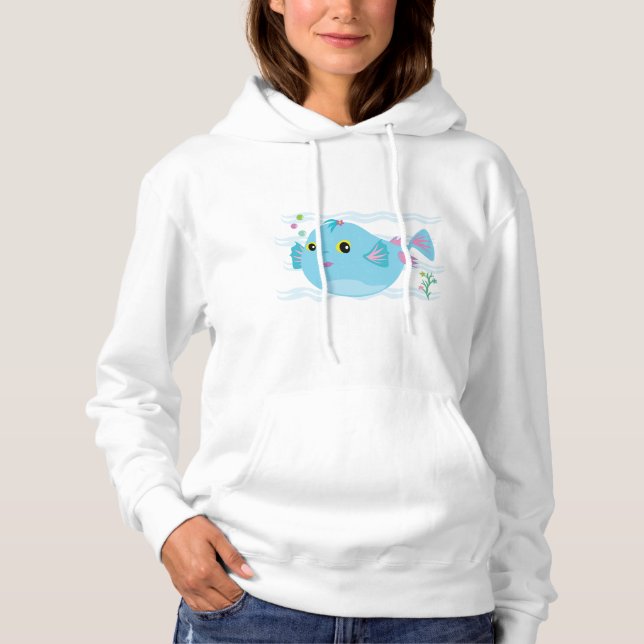 Cute Blue Tropical Fish Pink Fins Hoodie (Front)