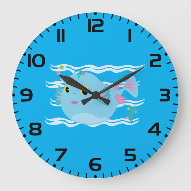 Cute Blue Tropical Fish Pink Fins Large Clock (Front)