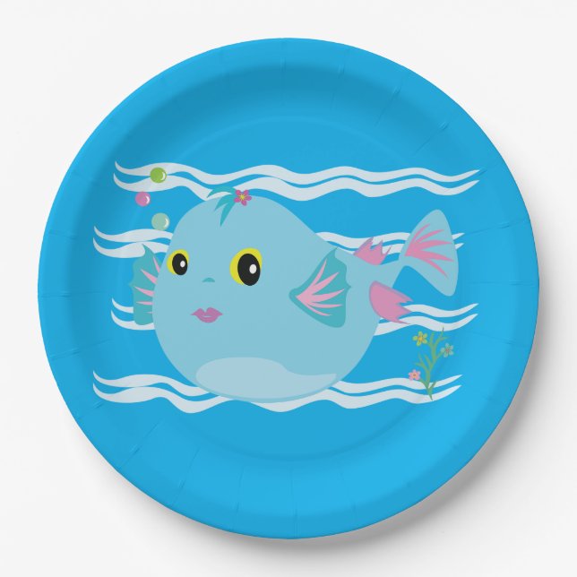 Cute Blue Tropical Fish Pink Fins Paper Plates (Front)