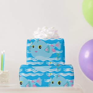 Cute Blue Tropical Fish Pink Fins Wrapping Paper