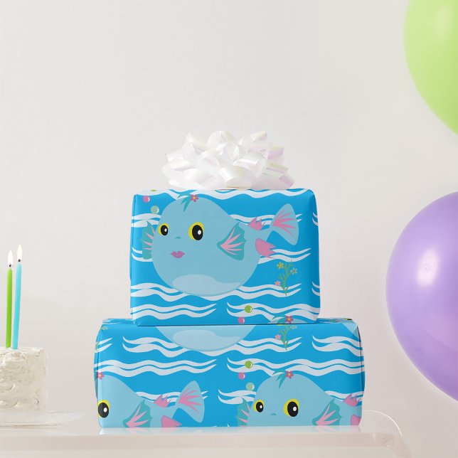 Cute Blue Tropical Fish Pink Fins Wrapping Paper (Creator Uploaded)