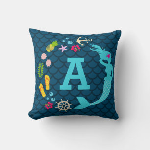 Cute Blue Tropical Mermaid Monogram Girls Throw Pillow