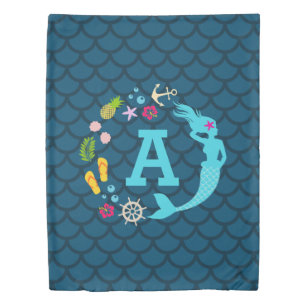 Cute Blue Tropical Mermaid Scale Monogram Girls Duvet Cover