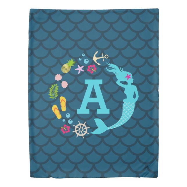 Cute Blue Tropical Mermaid Scale Monogram Girls Duvet Cover (Front)