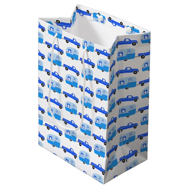 Cute Blue Truck & Trailer RV Adventure  Medium Gift Bag (Front Angled)