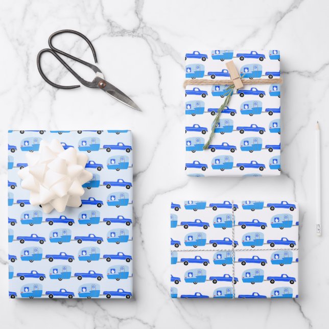 Cute Blue Truck & Trailer RV Adventure  Wrapping Paper Sheets (Front)