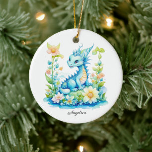 Cute Blue Turquoise Green Dragon Personalized Ceramic Ornament
