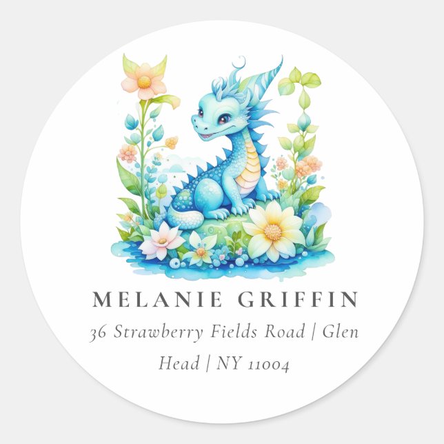 Cute Blue Turquoise Green Dragon Personalized Classic Round Sticker (Front)