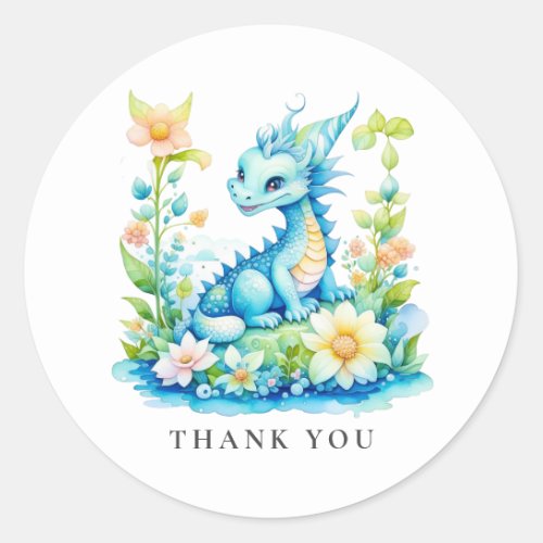 Cute Blue Turquoise Green Dragon Thank You Classic Round Sticker