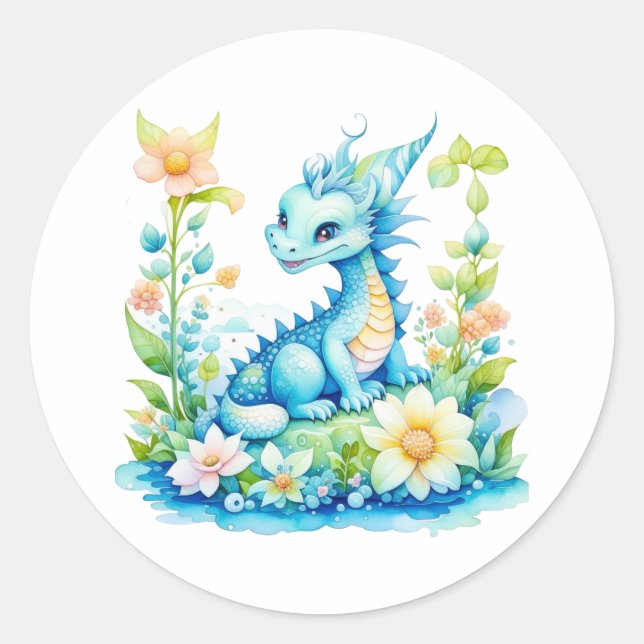Cute Blue Turquoise Green Fantasy Dragon  Classic Round Sticker (Front)