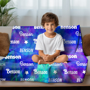 Cute blue turquoise repeating name personalized fleece blanket