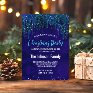 Cute blue turquoise Unicorn Glitter Drip Christmas Invitation
