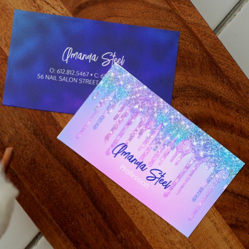 Cute blue Turquoise Unicorn Glitter Drips monogram Business Card
