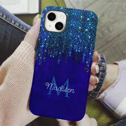 Cute blue turquoise Unicorn Glitter Drips monogram iPhone 15 Case