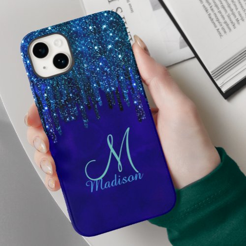 Cute blue turquoise Unicorn Glitter Drips monogram Case_Mate iPhone 14 Case