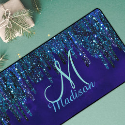 Cute blue turquoise Unicorn Glitter Drips monogram Desk Mat