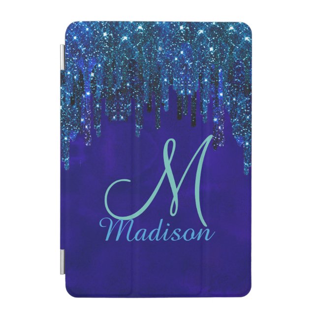 Cute blue turquoise Unicorn Glitter Drips monogram iPad Mini Cover (Front)