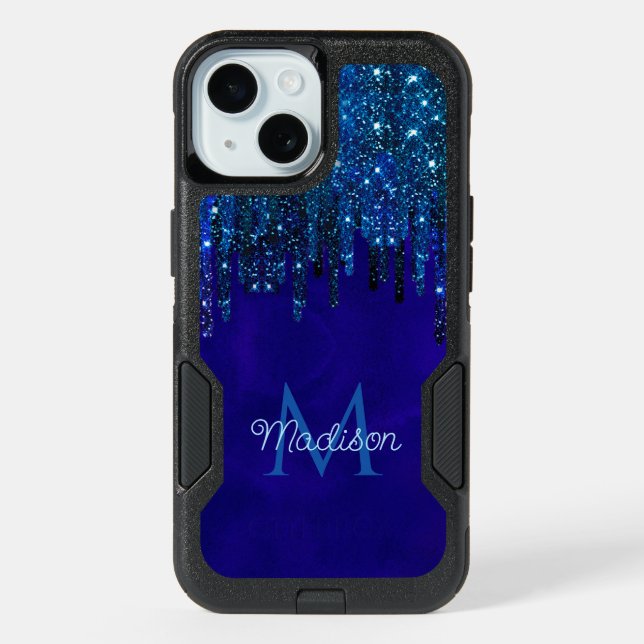 Cute blue turquoise Unicorn Glitter Drips monogram iPhone 15 Case (Back)