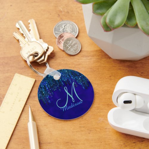 Cute blue turquoise Unicorn Glitter Drips monogram Keychain
