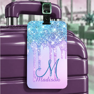 Cute blue Turquoise Unicorn Glitter Drips monogram Luggage Tag