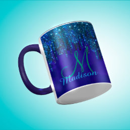 Cute blue turquoise Unicorn Glitter Drips monogram Mug