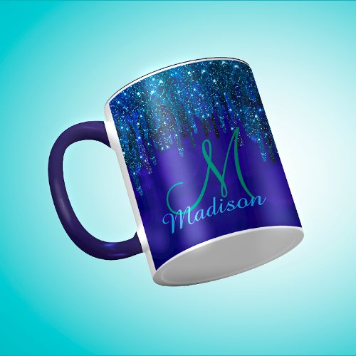 Cute blue turquoise Unicorn Glitter Drips monogram Mug