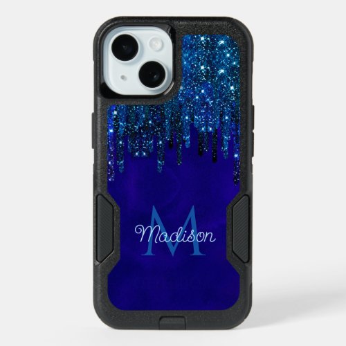Cute blue turquoise Unicorn Glitter Drips monogram iPhone 15 Case