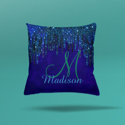 Cute blue turquoise Unicorn Glitter Drips monogram Throw Pillow