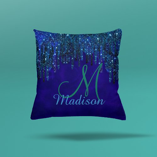 Cute blue turquoise Unicorn Glitter Drips monogram Throw Pillow