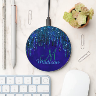 Cute blue turquoise Unicorn Glitter Drips monogram Wireless Charger