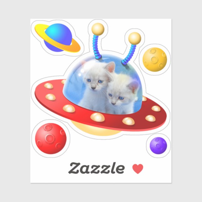 Cute Blue Twin Kittens Cats in UFOs Flying Saucers Sticker (Sheet)
