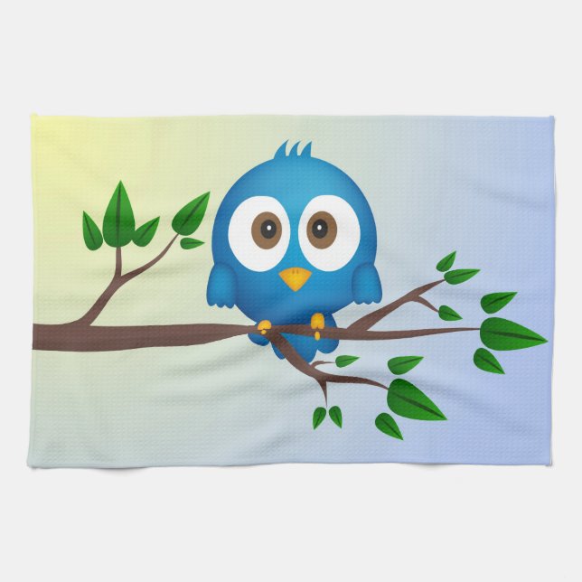 Cute blue twitter bird cartoon kitchen towel (Horizontal)