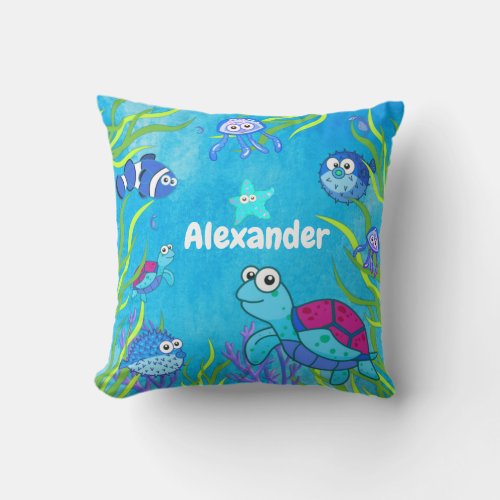 Cute  Blue Under the Sea Baby Boy Nursery  Throw P Throw Pillow