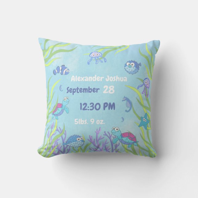 Cute Blue Under the Sea Baby Boy Nursery Throw Pillow (Front)