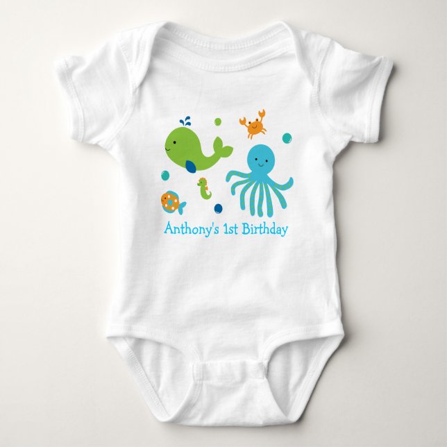 Cute Blue Under The Sea Birthday Baby Bodysuit (Front)