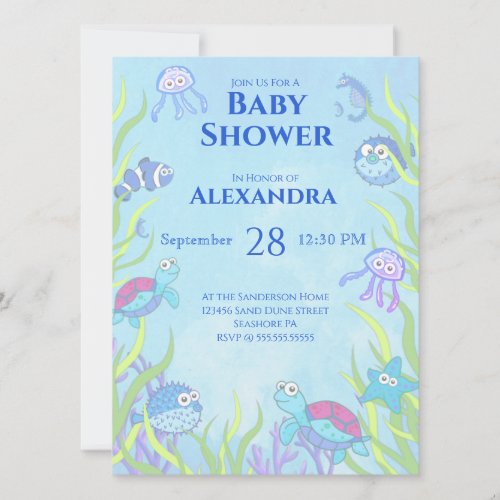 Cute Blue Under the Sea Boy Baby Shower Invitation