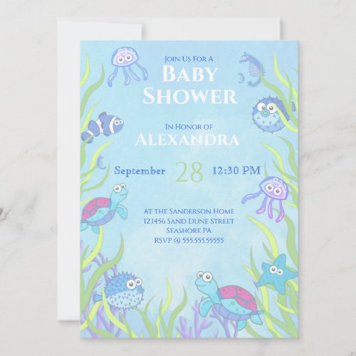 Cute Blue Under the Sea Boy Baby Shower Invitation