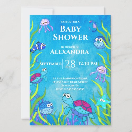 Cute Blue Under the Sea Boy Baby Shower Invitation