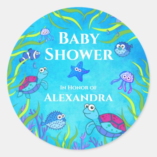 Cute Blue Under the Sea Boy Baby Shower Napkins Classic Round Sticker