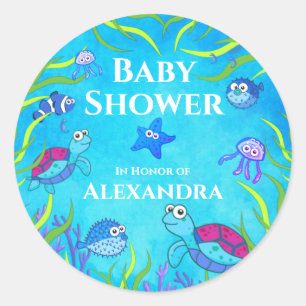 Cute Blue Under the Sea Boy Baby Shower Napkins Classic Round Sticker