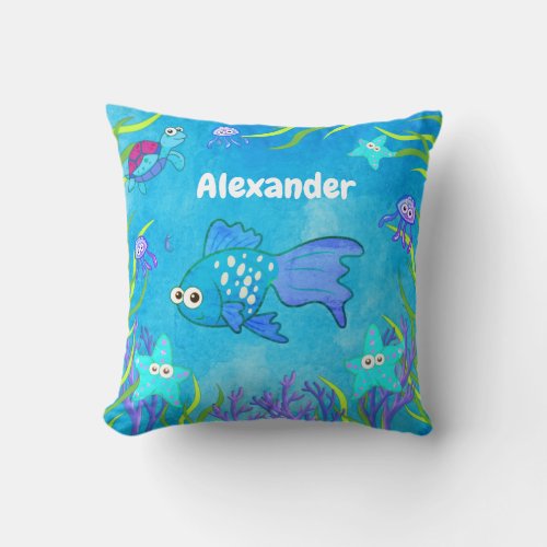 Cute Blue Under the Sea Fish and Starfish Throw Pillow
