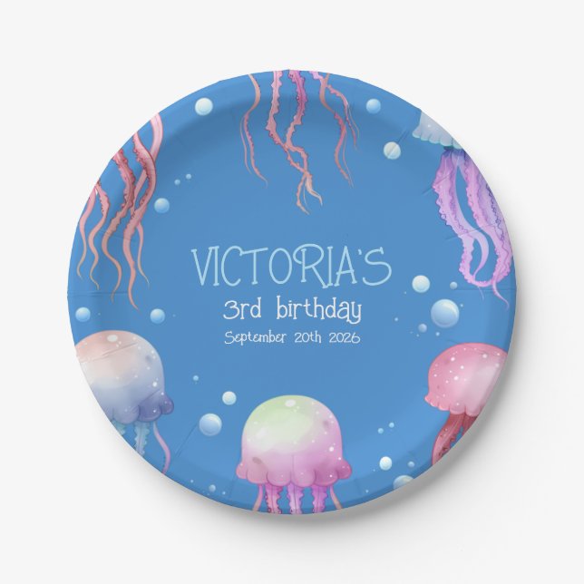 Cute Blue Under The Sea Jellyfish Birthday  Paper Plates (Front)