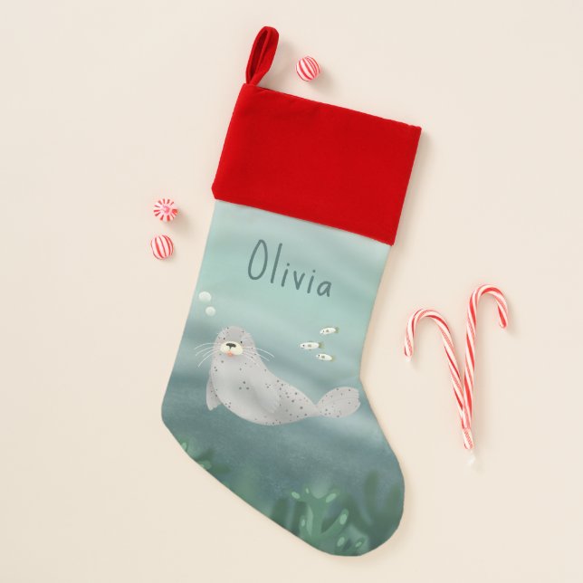 Cute Blue Under the Sea Seal Kids Christmas Stocking (Front)