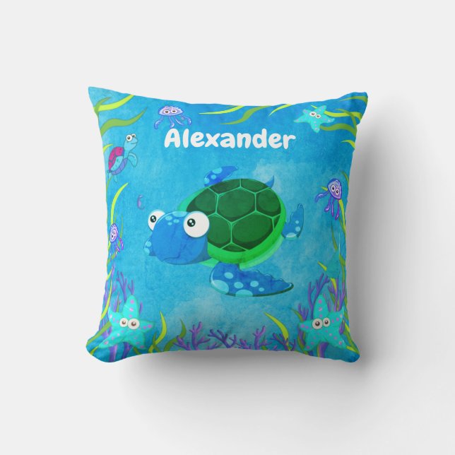 Cute Blue Under the Sea Turtle Throw Pillow (Front)