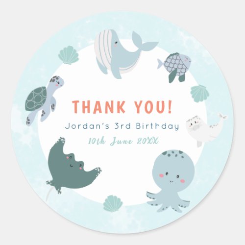 Cute Blue Under The Sea Watercolor Thank You Classic Round Sticker