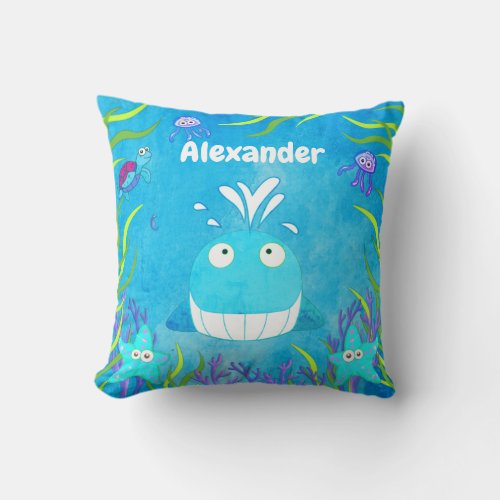 Cute Blue Under the Sea Whale Boy Throw Pillow