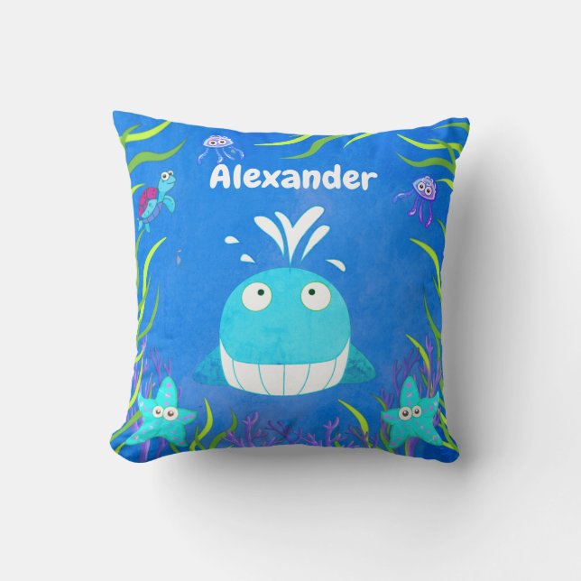 Cute Blue Under the Sea Whale  Throw Pillow (Front)