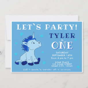 Cute Blue Unicorn 1st Birthday Party Invitation