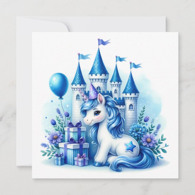 Cute Blue Unicorn and Fairytale Castle  Invitation (Front)