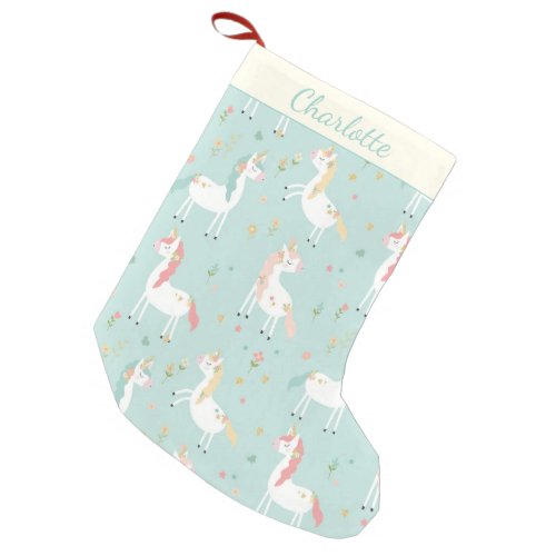 Cute Blue Unicorn Gold Glitter Floral Personalized Small Christmas Stocking